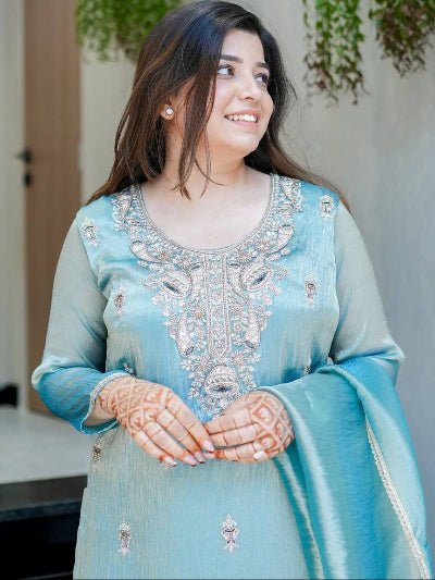 Light Blue Silk Embroidery Work Full Sleeves Sharara Set - BONYHUBSALWAR KAMEEZ
