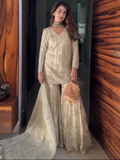 Ivory Embroidery Sequence Work Gharara Suit Set - BONYHUBSALWAR KAMEEZ