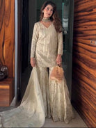 Ivory Embroidery Sequence Work Gharara Suit Set - BONYHUBSALWAR KAMEEZ