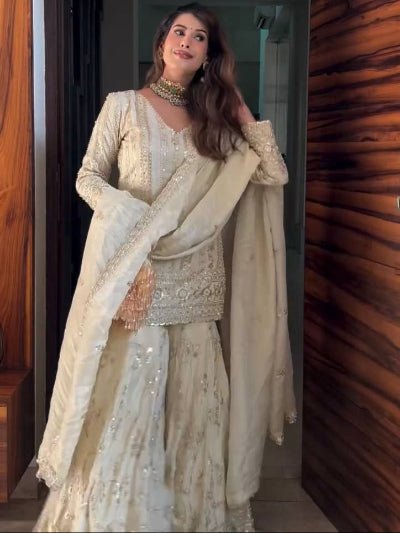 Ivory Embroidery Sequence Work Gharara Suit Set - BONYHUBSALWAR KAMEEZ