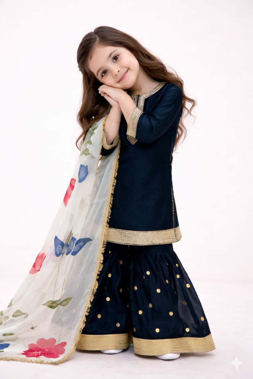 Kids Ethnic Black Sequence Work Sharara Suit