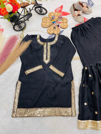 Kids Ethnic Black Sequence Work Sharara Suit