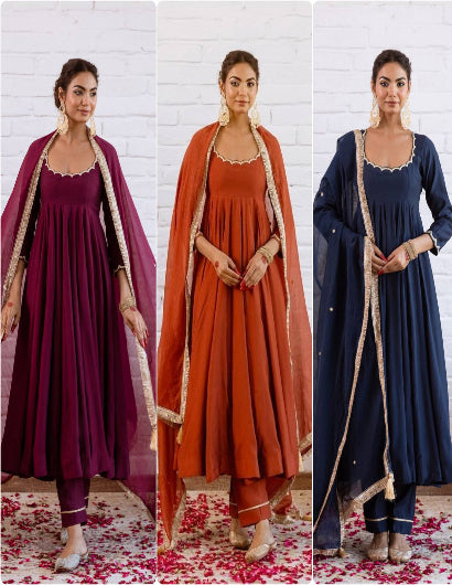 Vichitra Silk Beads Work Anarkali Suit- 3 Colours