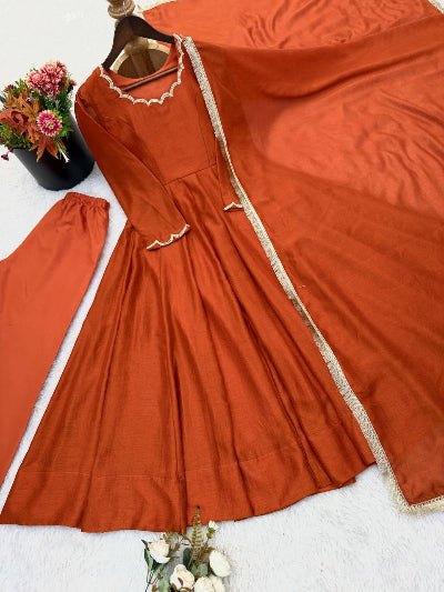 Vichitra Silk Beads Work Anarkali Suit- 3 Colours
