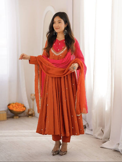 Orange Roman Silk Anarkali Suit with Mirror Work