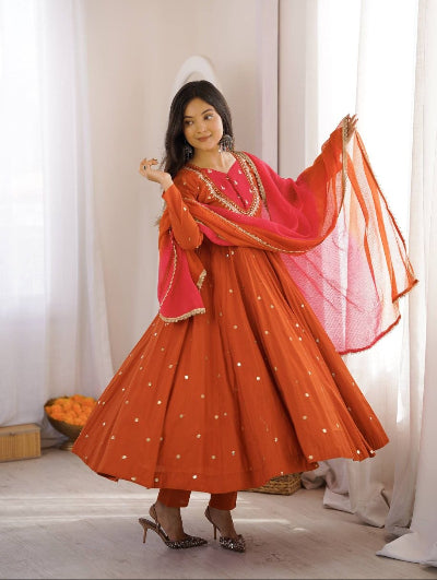 Orange Roman Silk Anarkali Suit with Mirror Work