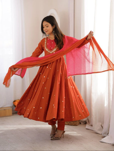 Orange Roman Silk Anarkali Suit with Mirror Work