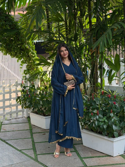 Teal Blue Chanderi Silk Anarkali Suit Set
