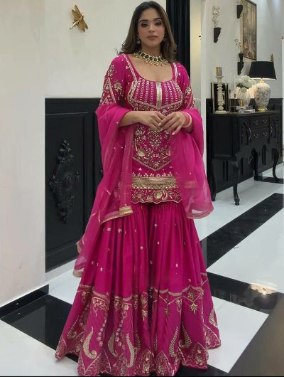 Hot Pink Wedding Wear Embroidery Work Sharara Suit