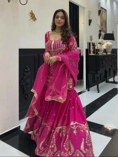 Hot Pink Wedding Wear Embroidery Work Sharara Suit