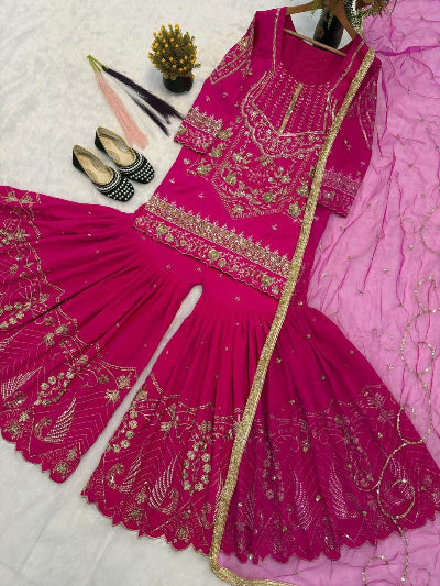 Hot Pink Wedding Wear Embroidery Work Sharara Suit