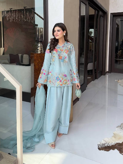 Powder Blue Embroidery Work Farshi Salwar Suit