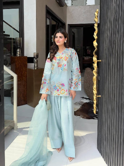 Powder Blue Embroidery Work Farshi Salwar Suit