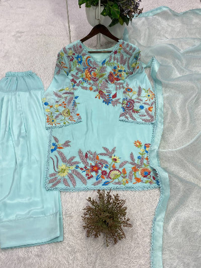 Powder Blue Embroidery Work Farshi Salwar Suit