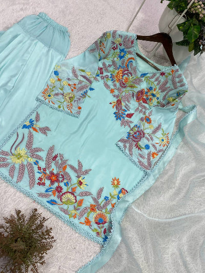 Powder Blue Embroidery Work Farshi Salwar Suit