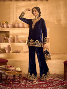 Navy Blue Gold Velvet Embroidery Kurti Pant Set Of 2 - BONYHUBSALWAR KAMEEZ