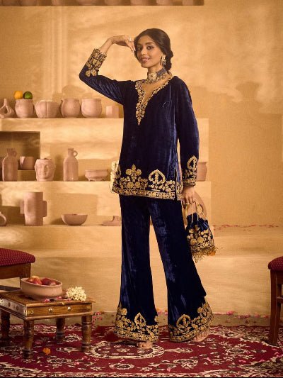 Navy Blue Gold Velvet Embroidery Kurti Pant Set Of 2 - BONYHUBSALWAR KAMEEZ