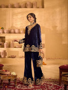 Navy Blue Gold Velvet Embroidery Kurti Pant Set Of 2 - BONYHUBSALWAR KAMEEZ