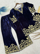 Navy Blue Gold Velvet Embroidery Kurti Pant Set Of 2 - BONYHUBSALWAR KAMEEZ
