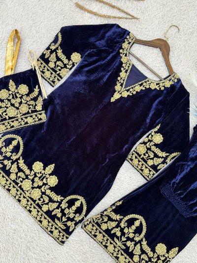 Navy Blue Gold Velvet Embroidery Kurti Pant Set Of 2 - BONYHUBSALWAR KAMEEZ