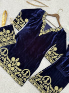 Navy Blue Gold Velvet Embroidery Kurti Pant Set Of 2 - BONYHUBSALWAR KAMEEZ
