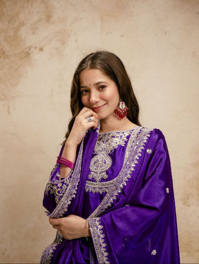 Royal Purple Elegant Chinon Silk Suit Set UK Next Day