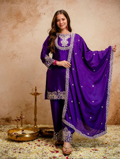 Royal Purple Elegant Chinon Silk Suit Set UK Next Day