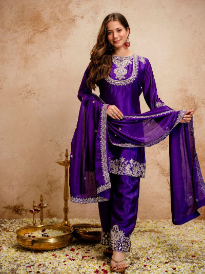 Royal Purple Elegant Chinon Silk Suit Set UK Next Day