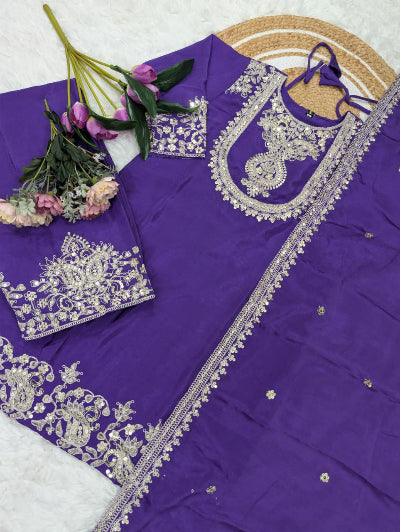 Royal Purple Elegant Chinon Silk Suit Set UK Next Day