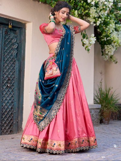 Rosy Pink Gold Zari Paithani Jacquard Silk Lehenga Choli - BONYHUBSALWAR KAMEEZ
