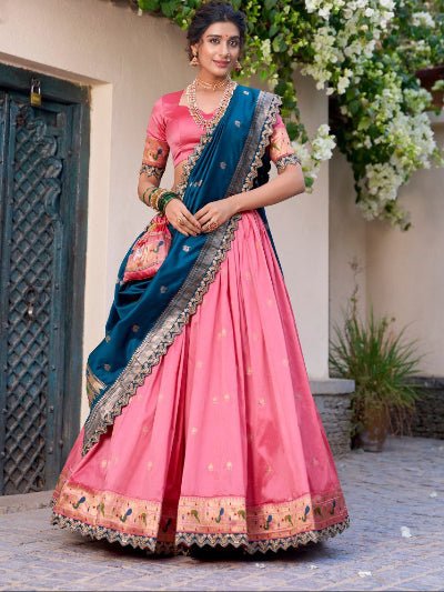 Rosy Pink Gold Zari Paithani Jacquard Silk Lehenga Choli - BONYHUBSALWAR KAMEEZ