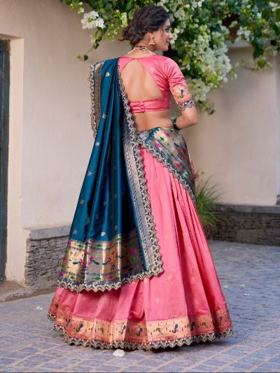 Rosy Pink Gold Zari Paithani Jacquard Silk Lehenga Choli - BONYHUBSALWAR KAMEEZ