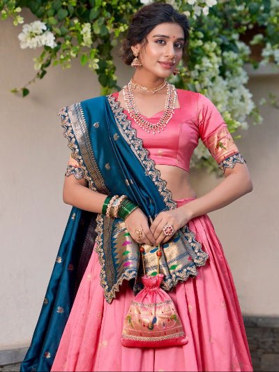 Rosy Pink Gold Zari Paithani Jacquard Silk Lehenga Choli - BONYHUBSALWAR KAMEEZ