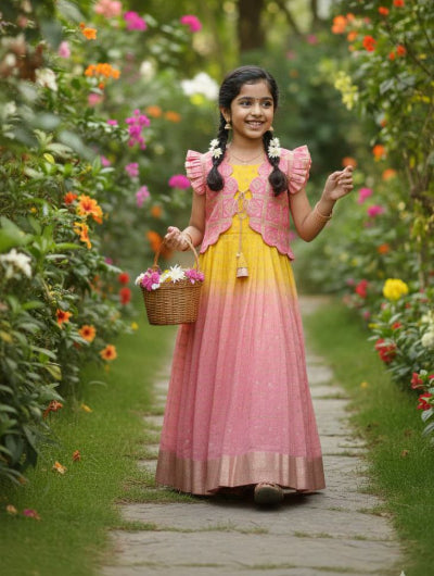 Kids Pink & Yellow Gown With Bandhani Koti