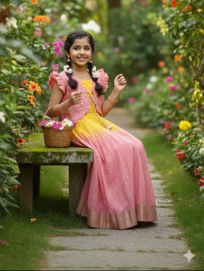 Kids Pink & Yellow Gown With Bandhani Koti