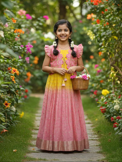 Kids Pink & Yellow Gown With Bandhani Koti