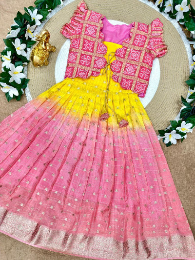 Kids Pink & Yellow Gown With Bandhani Koti