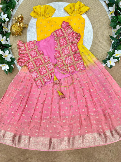 Kids Pink & Yellow Gown With Bandhani Koti