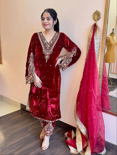 Red Velvet Embroidery Moti Work Suit - BONYHUBSALWAR KAMEEZ