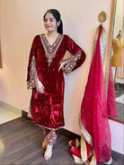 Red Velvet Embroidery Moti Work Suit - BONYHUBSALWAR KAMEEZ