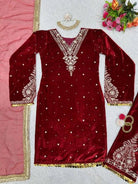 Red Velvet Embroidery Moti Work Suit - BONYHUBSALWAR KAMEEZ