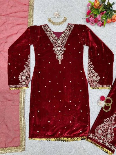 Red Velvet Embroidery Moti Work Suit - BONYHUBSALWAR KAMEEZ