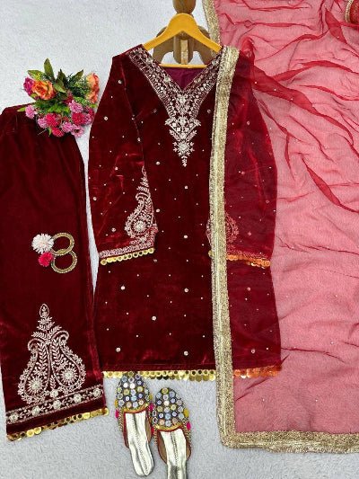 Red Velvet Embroidery Moti Work Suit - BONYHUBSALWAR KAMEEZ