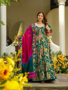 Teal Green Organza Paisley Print Gown Dupatta Set Of 2 - BONYHUBSALWAR KAMEEZ