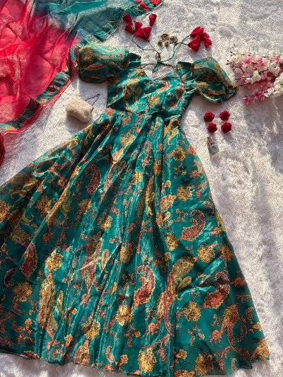 Teal Green Organza Paisley Print Gown Dupatta Set Of 2 - BONYHUBSALWAR KAMEEZ