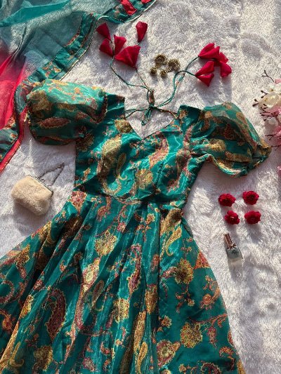 Teal Green Organza Paisley Print Gown Dupatta Set Of 2 - BONYHUBSALWAR KAMEEZ