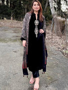 Deep Navy Blue Velvet Straight Suit With Ajrakh Print Dupatta - BONYHUBSALWAR KAMEEZ