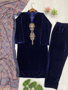 Deep Navy Blue Velvet Straight Suit With Ajrakh Print Dupatta - BONYHUBSALWAR KAMEEZ