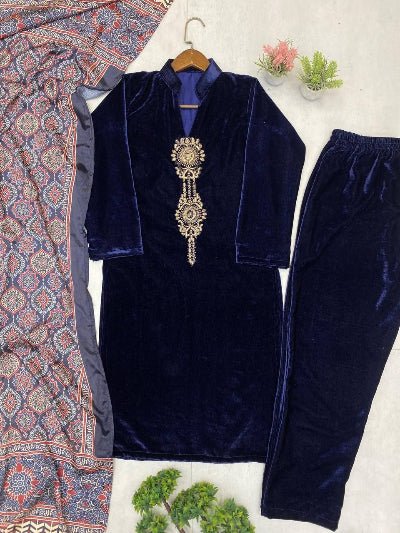 Deep Navy Blue Velvet Straight Suit With Ajrakh Print Dupatta - BONYHUBSALWAR KAMEEZ