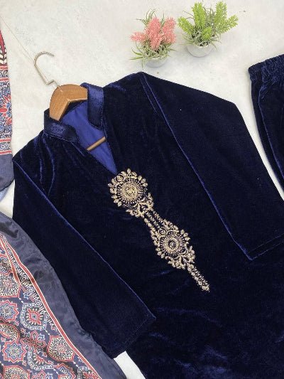 Deep Navy Blue Velvet Straight Suit With Ajrakh Print Dupatta - BONYHUBSALWAR KAMEEZ